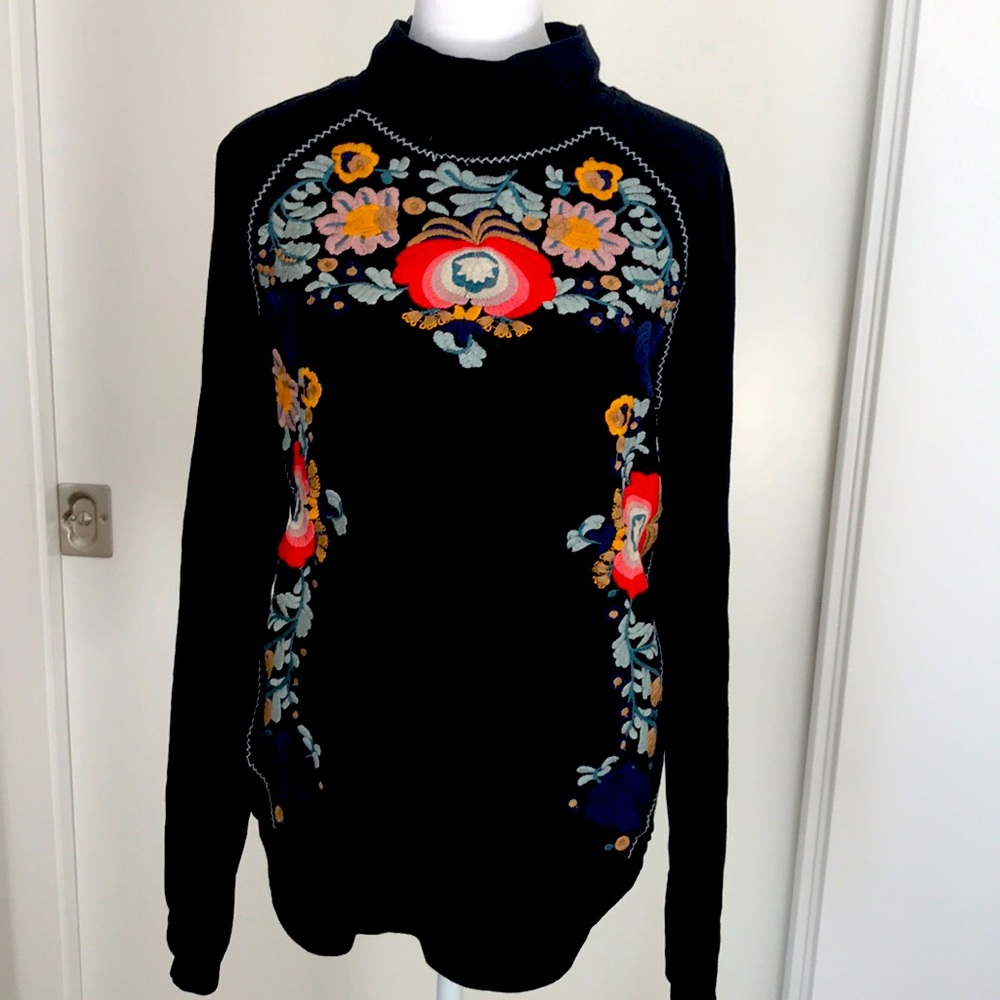 Free People Embroidered Cotton Turtleneck Top